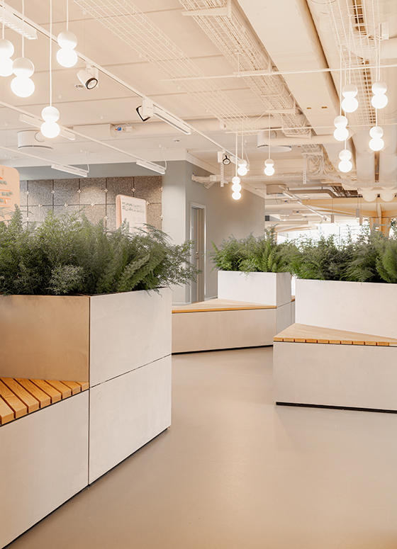 kontor fælles arealer med siddepladser og grønne planter